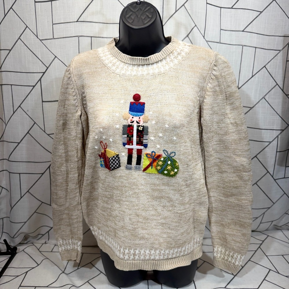 Christopher & Banks Nutcracker Sweater M Tan Hand Embroidered Cotton Holiday